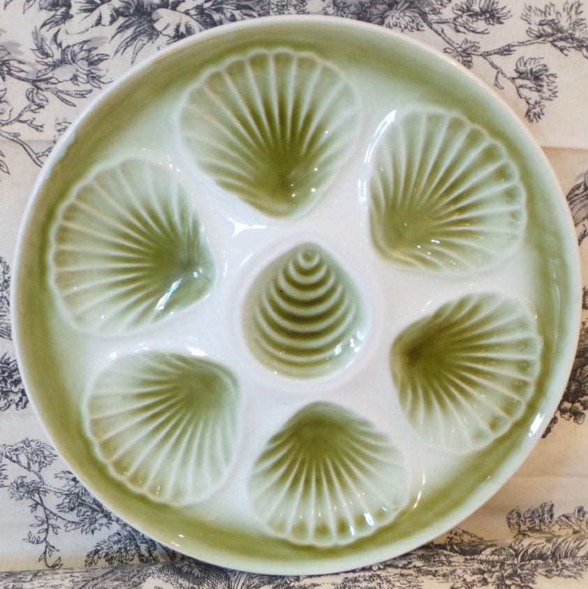 Oyster Plate Huitre Mussel Fish Plate Orchies Green and White Vintage French Super Condition Seafood Plate Shellfish Plate Oyster Plate