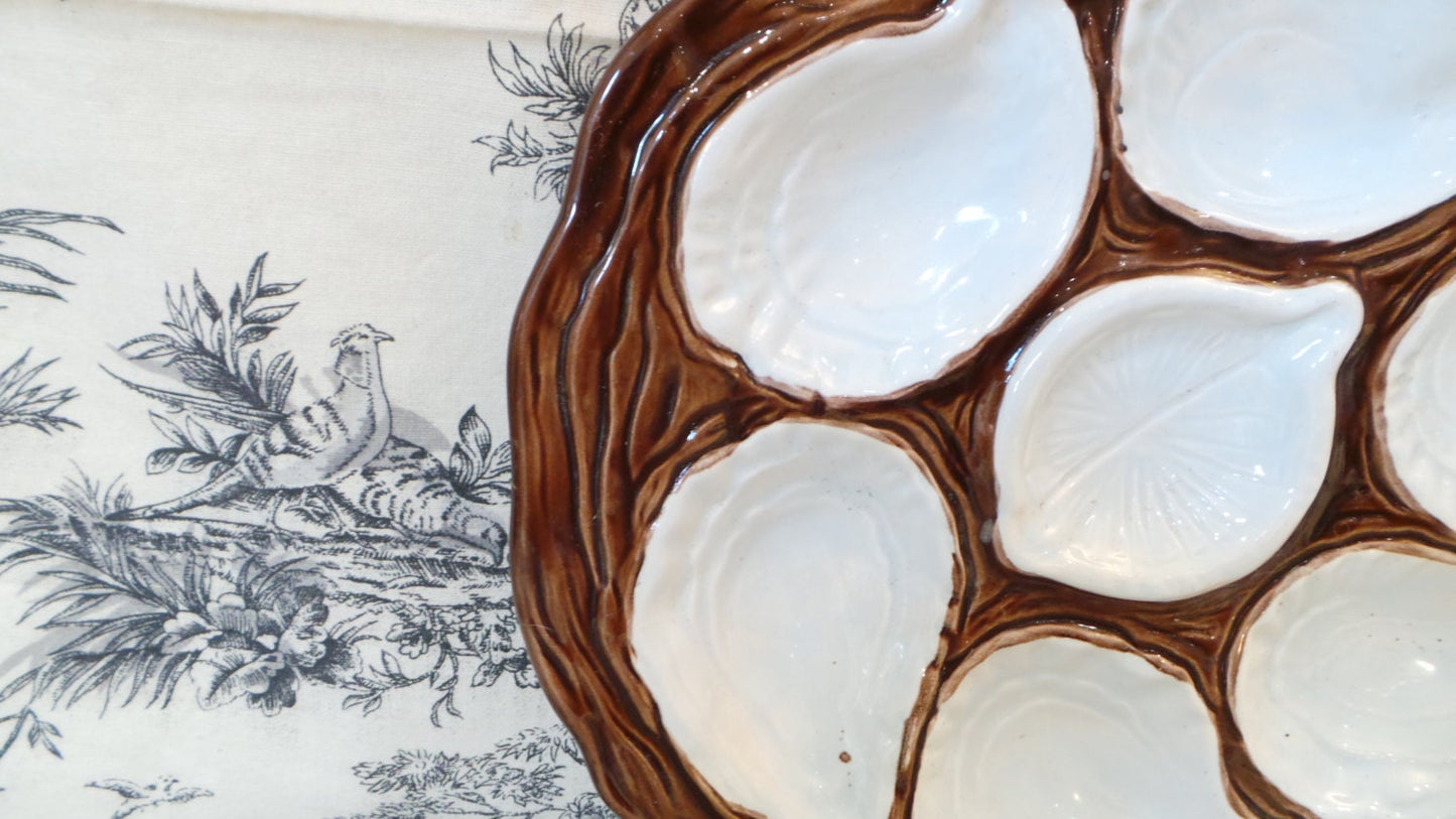 Oyster Plate Chunky Hand Painted Huitre Mussel Fish Plate Brown Vintage French Super Condition Seafood Plate Shellfish Plate Oyster Plate