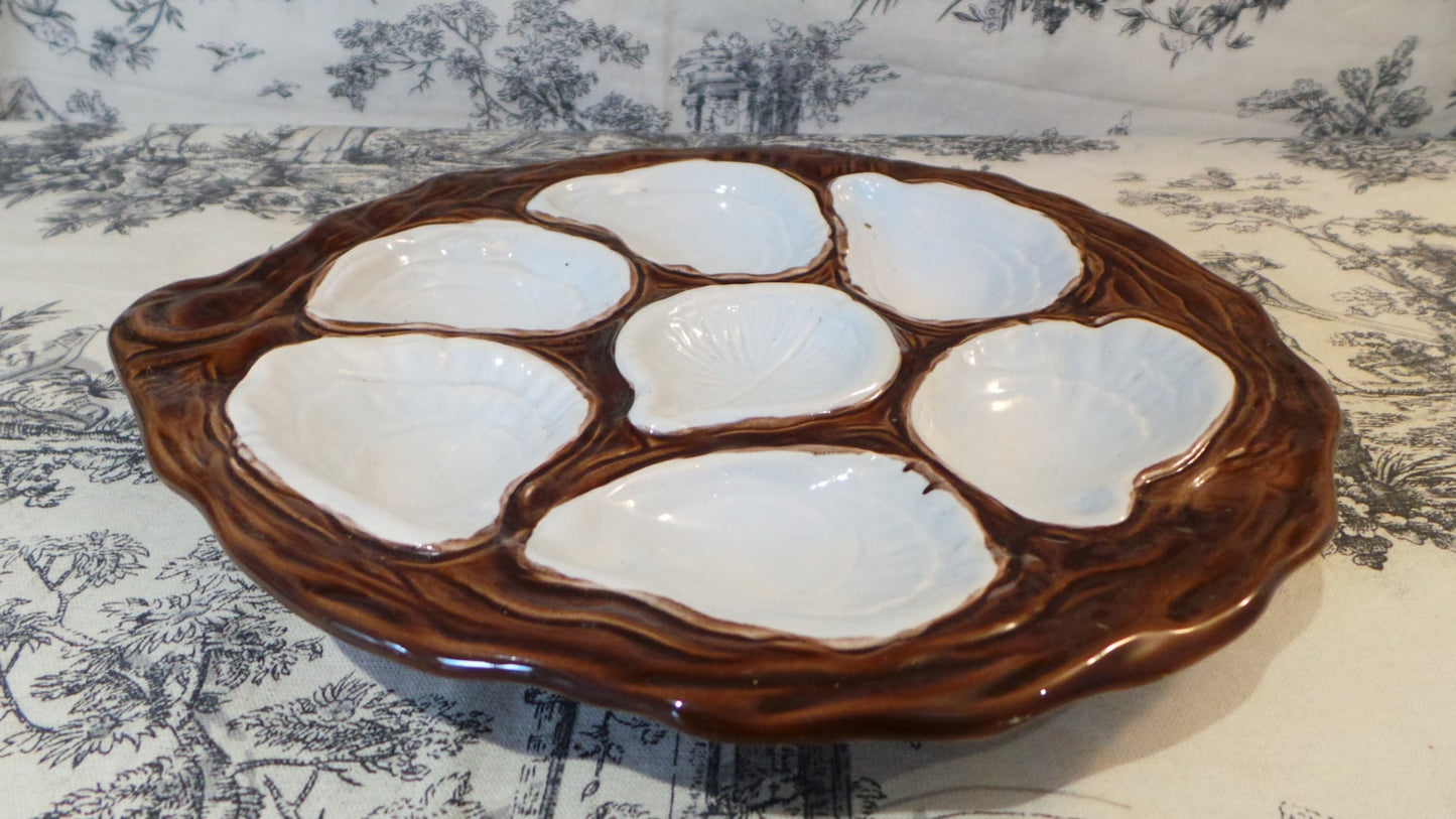 Oyster Plate Chunky Hand Painted Huitre Mussel Fish Plate Brown Vintage French Super Condition Seafood Plate Shellfish Plate Oyster Plate
