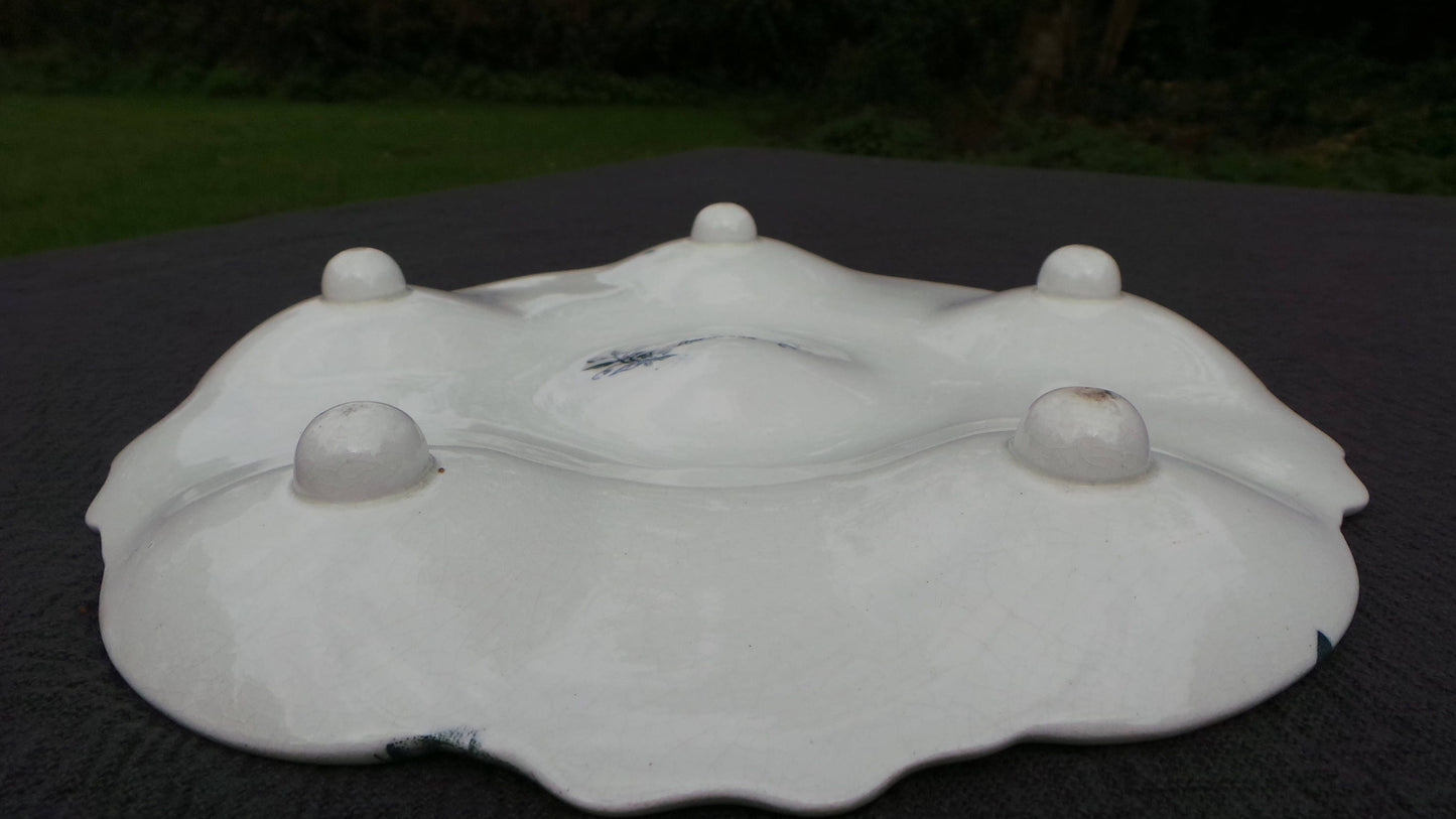 Bordeaux Oyster Plate with Feet French Faience China Porcelain Ceramic Transfer Printed Dish 1845-1895 Blue and White J Vieillard Full Mark