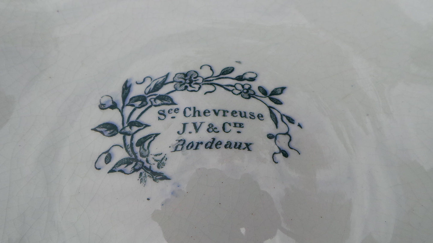 Bordeaux Oyster Plate with Feet French Faience China Porcelain Ceramic Transfer Printed Dish 1845-1895 Blue and White J Vieillard Full Mark