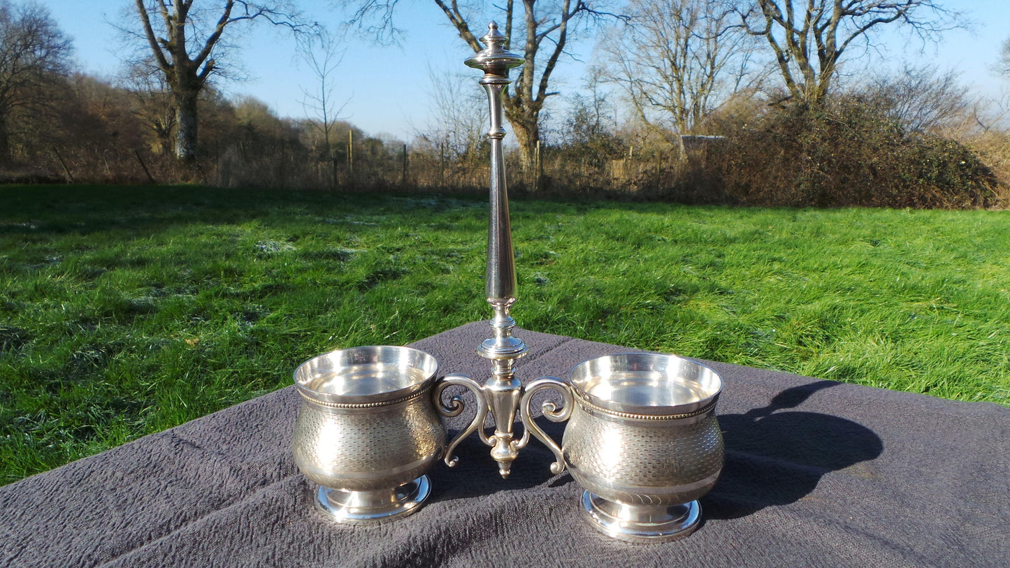 Silver Plate Gombault Declercs Cruet Server Pair Bowls Condiment Confiture Creamer 1877-1888 Two Bowl Acquired by Christofle Fully Marked
