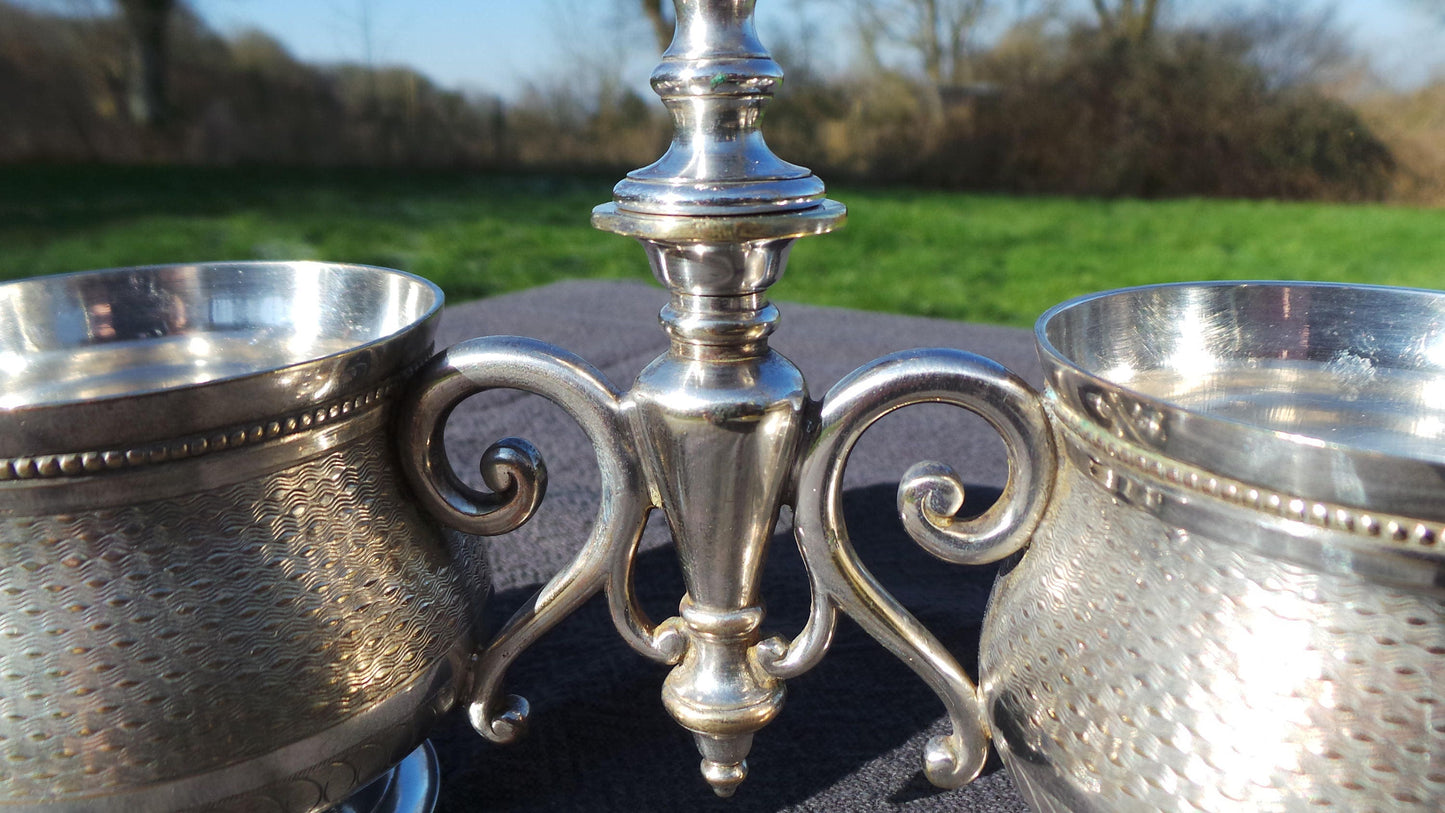Silver Plate Gombault Declercs Cruet Server Pair Bowls Condiment Confiture Creamer 1877-1888 Two Bowl Acquired by Christofle Fully Marked