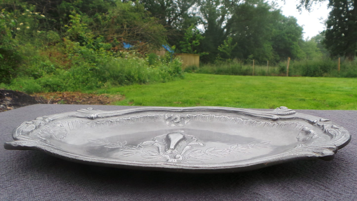 Late 19th Century Pewter Plate Decorated Fully Marked Repousee Heavy Pewter Decorative Plate Design 16th Century