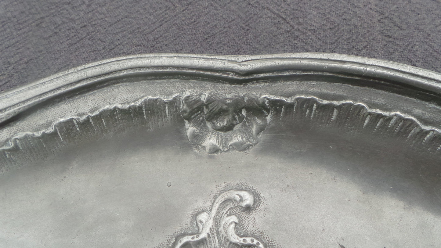 Late 19th Century Pewter Plate Decorated Fully Marked Repousee Heavy Pewter Decorative Plate Design 16th Century