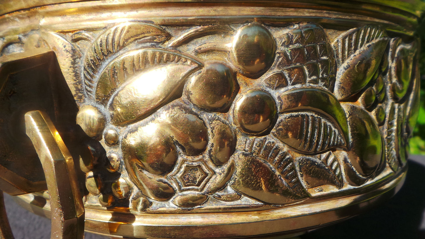 French Art Deco French Bronze/Brass Flower Pot Fruit Bowl Jardiniere Decorated Two Cast Brass Handles Bowl Repaired Planter Cache Pot