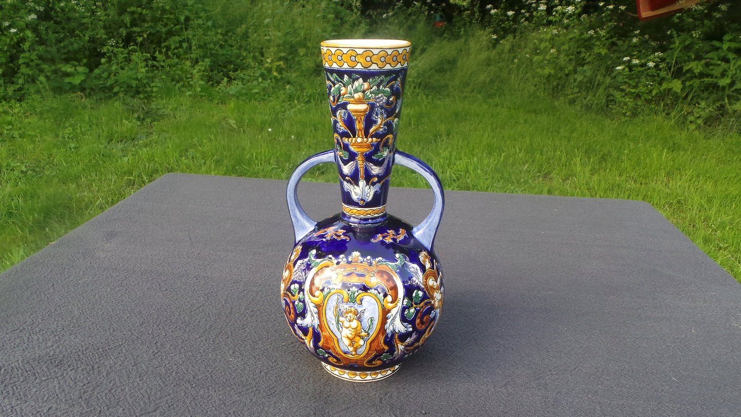 GIEN French Vase, Italian Renaissance Majolica Pattern Vase Polychrome Hand Painted Vintage Gien Faience Pottery China Porcelain Barbotine