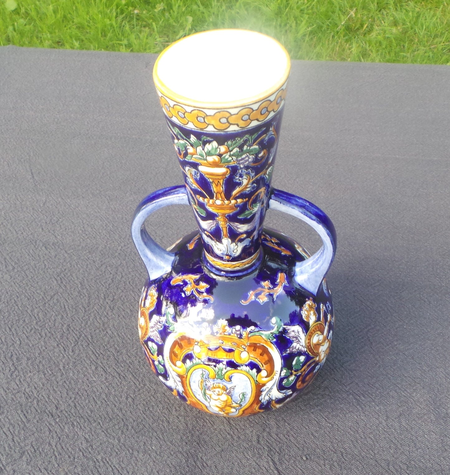GIEN French Vase, Italian Renaissance Majolica Pattern Vase Polychrome Hand Painted Vintage Gien Faience Pottery China Porcelain Barbotine