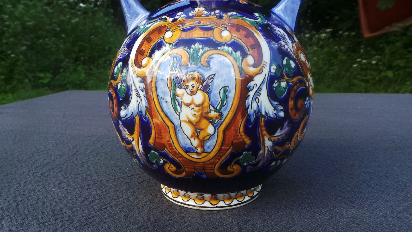 GIEN French Vase, Italian Renaissance Majolica Pattern Vase Polychrome Hand Painted Vintage Gien Faience Pottery China Porcelain Barbotine