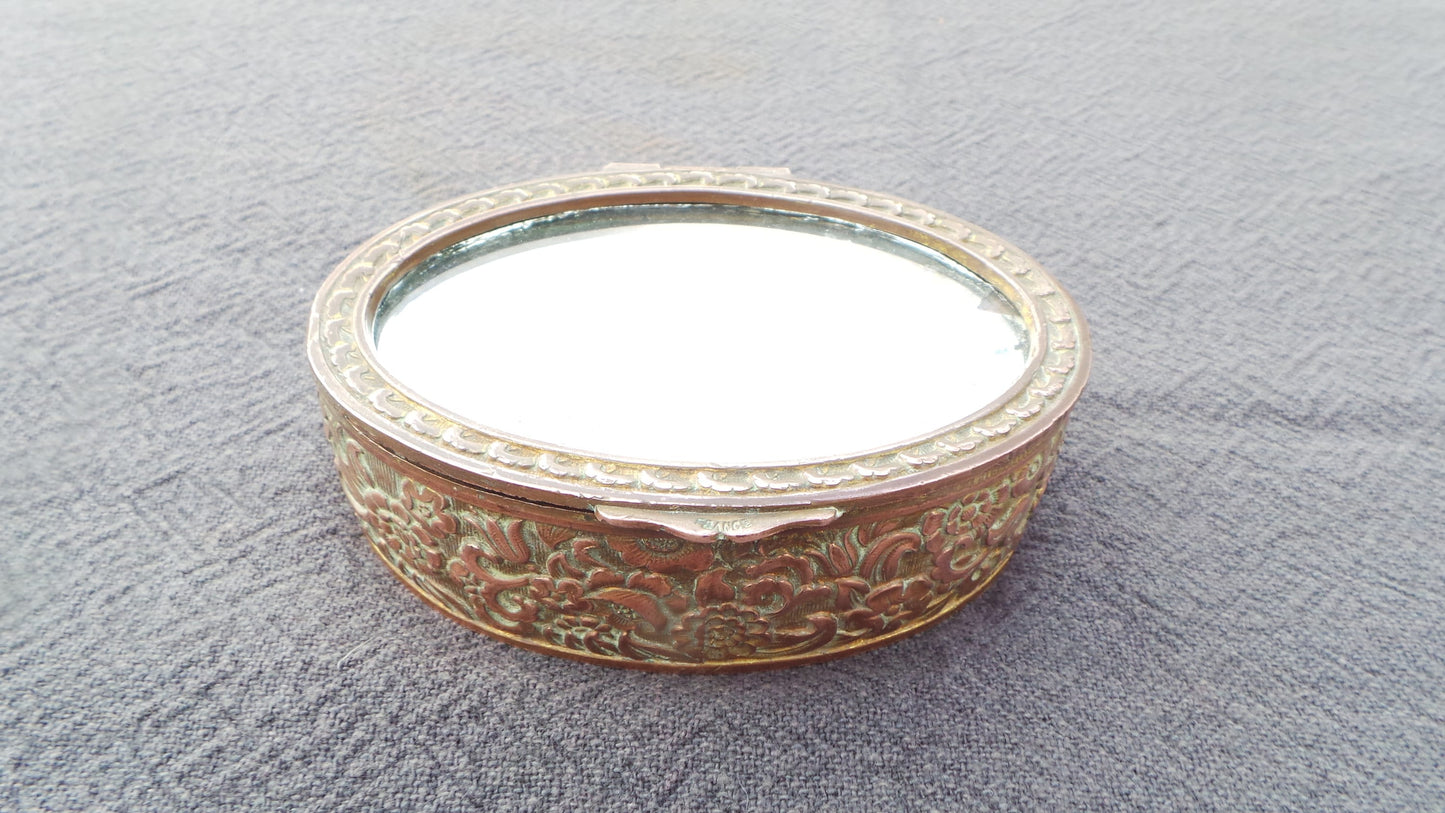 Bronze Mirrored Box Plush Velvet Interior Worn Mirror Losses Marked France Cast Metal Missing Ormolu Fabulous Jewelery Box Ring Box