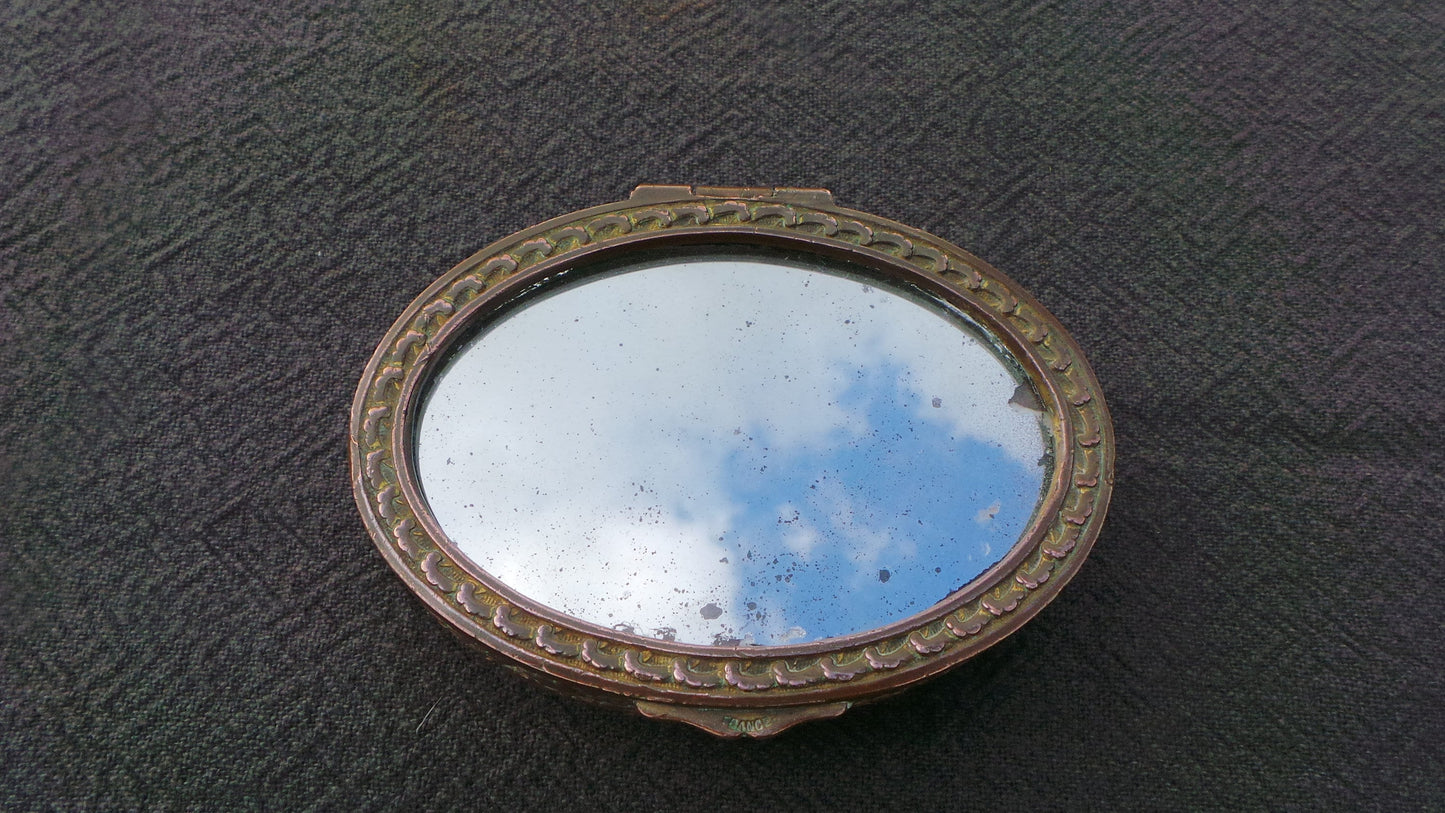 Bronze Mirrored Box Plush Velvet Interior Worn Mirror Losses Marked France Cast Metal Missing Ormolu Fabulous Jewelery Box Ring Box