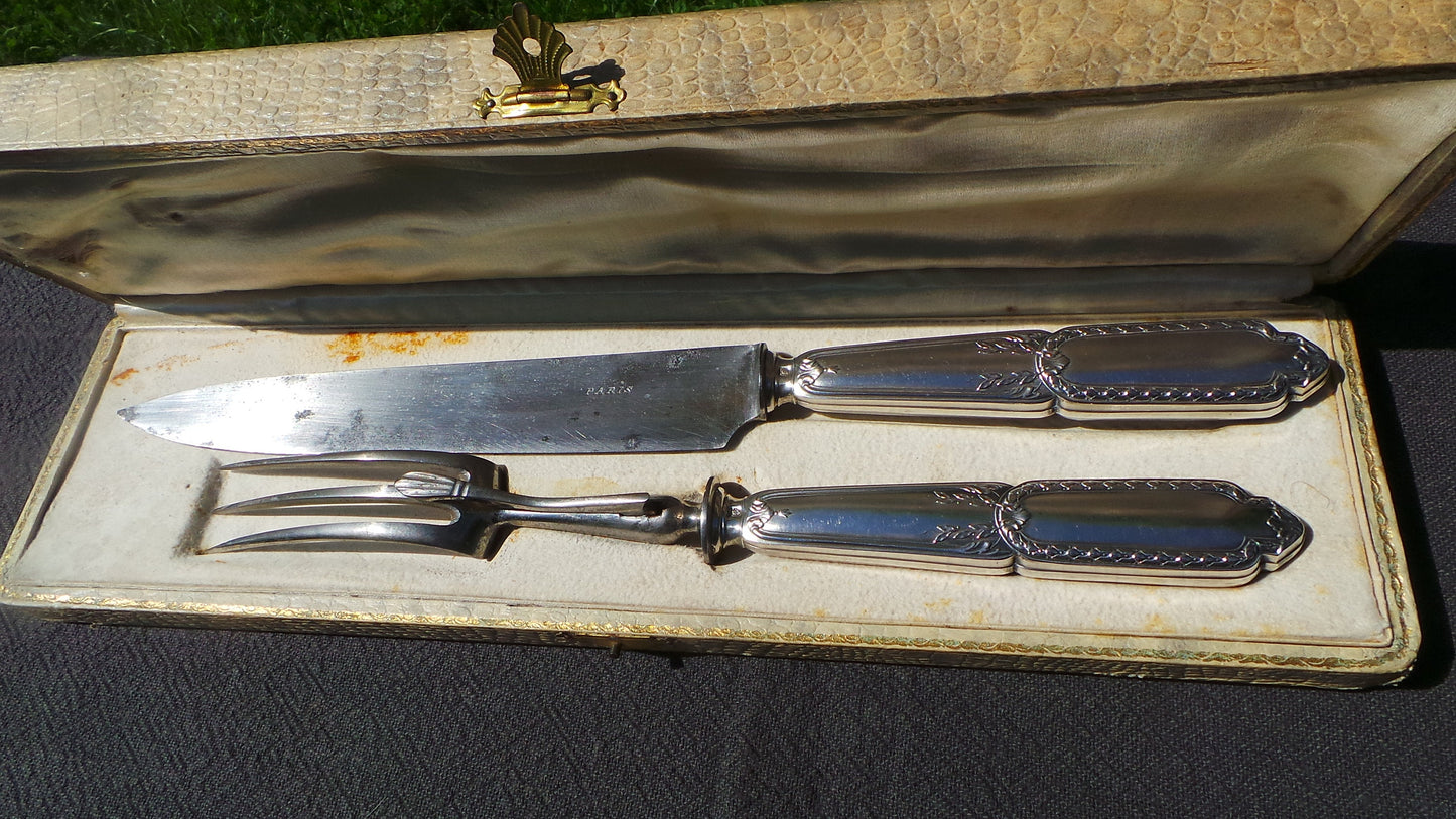 Cast Silver Carving Set French Solid SILVER Handle Fork Carbon Steel Blade Antique Hallmarked Minerva 950 Silver Marked Paris Old Box