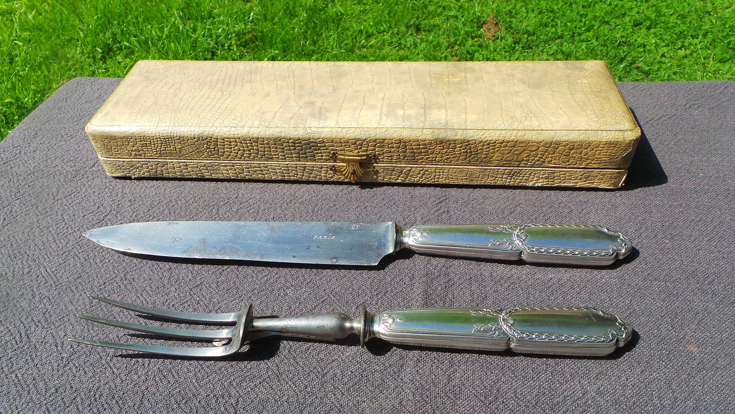 Cast Silver Carving Set French Solid SILVER Handle Fork Carbon Steel Blade Antique Hallmarked Minerva 950 Silver Marked Paris Old Box
