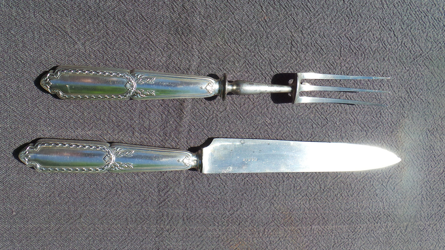 Cast Silver Carving Set French Solid SILVER Handle Fork Carbon Steel Blade Antique Hallmarked Minerva 950 Silver Marked Paris Old Box