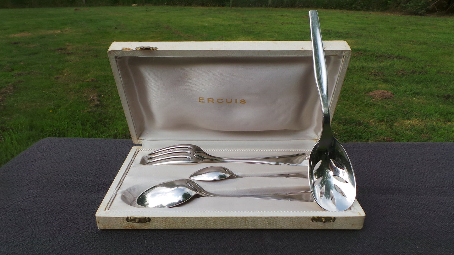 Ercuis Silver Plated 'Metaille Blanc' Boxed Teaspoon, Fork and Spoon Bonus Fruit Spoon Real Luxury Made by Ercuis of Paris