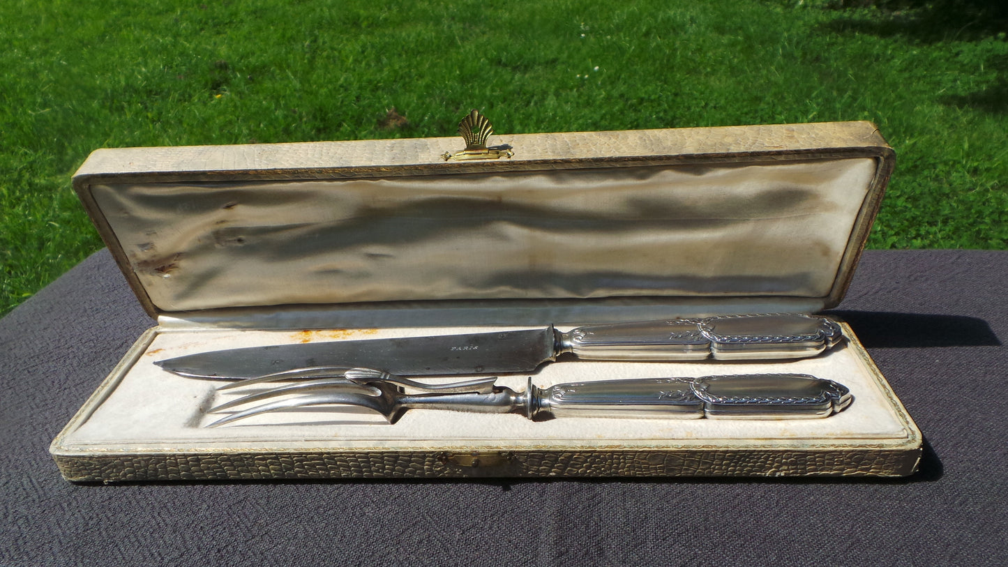 Cast Silver Carving Set French Solid SILVER Handle Fork Carbon Steel Blade Antique Hallmarked Minerva 950 Silver Marked Paris Old Box