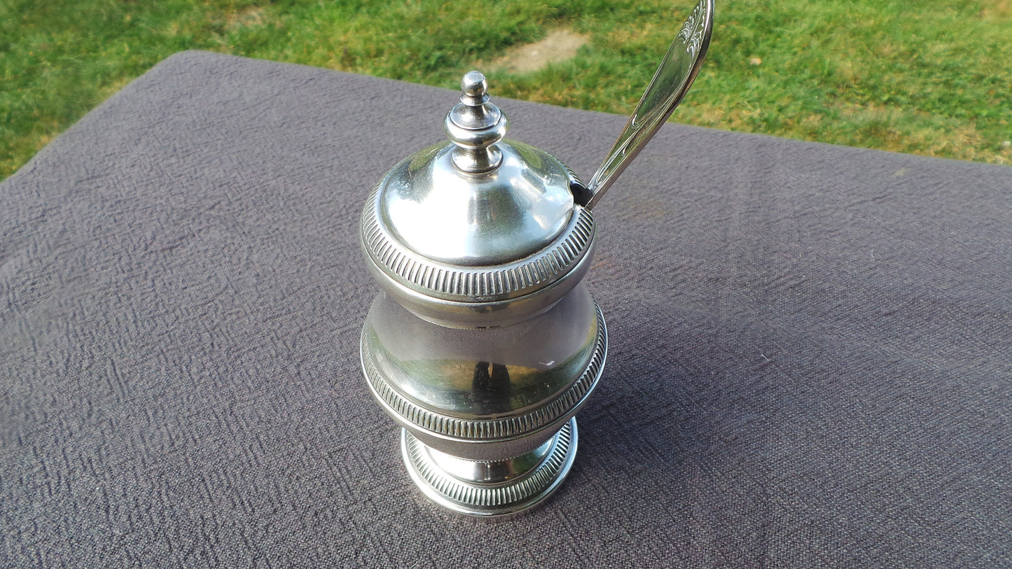 French Condiment Pot with Plated Spoon Superb Mustard Vintage Silver Plate Body Cast Metal Condiment Chateau Chic Preserves Marked O F E S