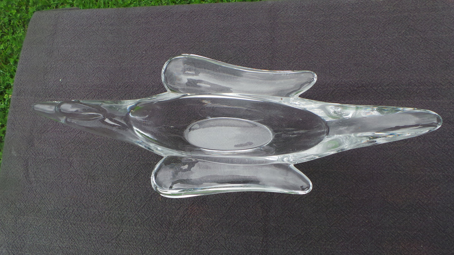 VANNES of France Glass Vintage Crystal Swirl Bowl Hand Made Large Bird Art Deco Style Made in Western France Fully Marked Lovely French Bowl