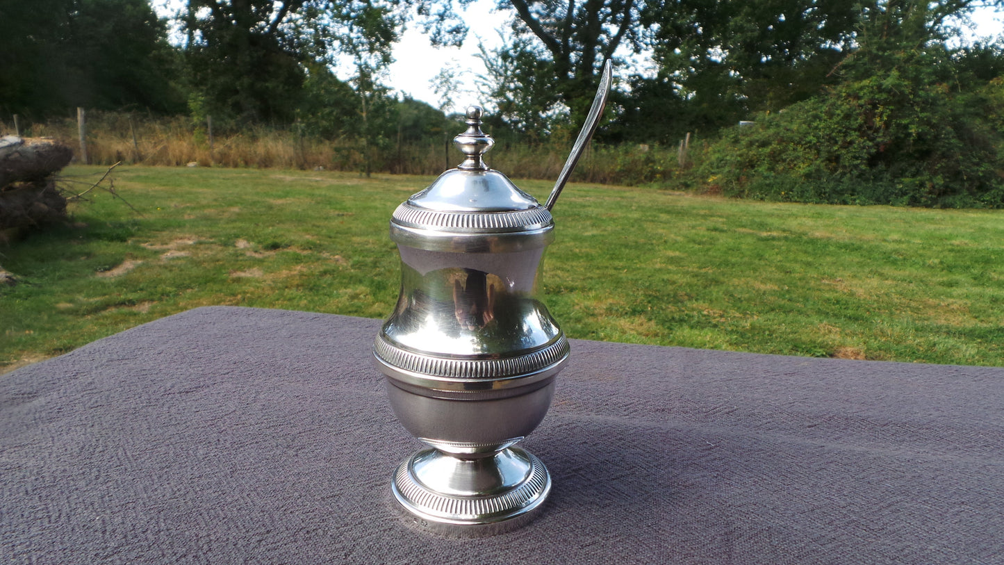 French Condiment Pot with Plated Spoon Superb Mustard Vintage Silver Plate Body Cast Metal Condiment Chateau Chic Preserves Marked O F E S