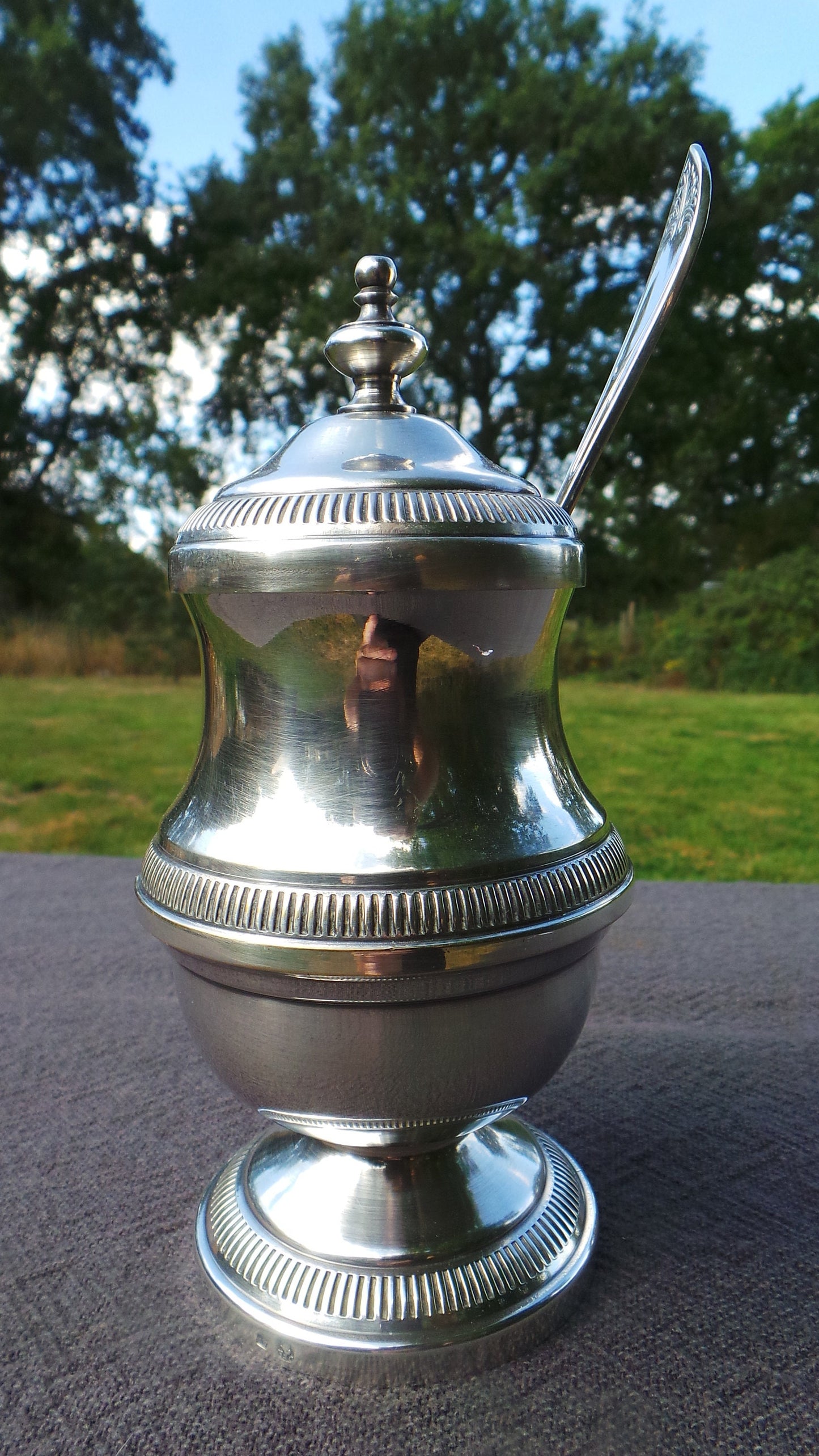 French Condiment Pot with Plated Spoon Superb Mustard Vintage Silver Plate Body Cast Metal Condiment Chateau Chic Preserves Marked O F E S