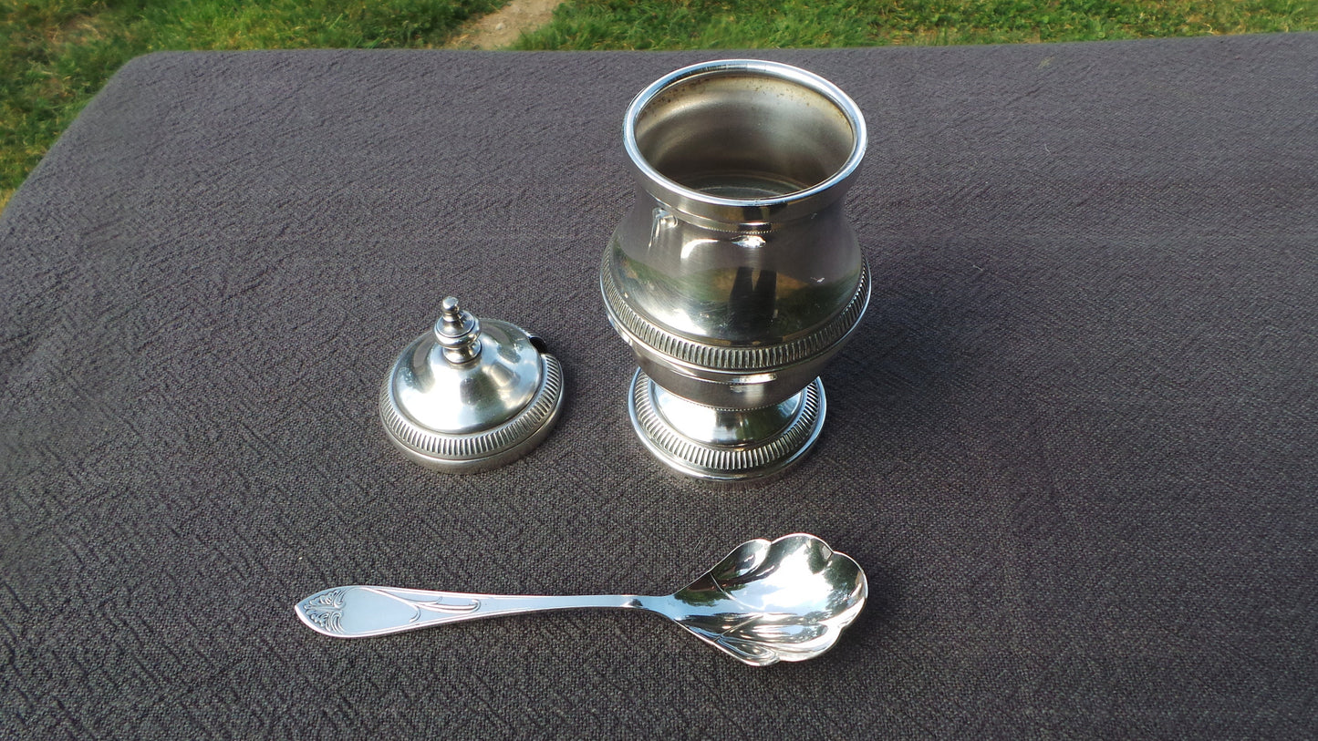 French Condiment Pot with Plated Spoon Superb Mustard Vintage Silver Plate Body Cast Metal Condiment Chateau Chic Preserves Marked O F E S