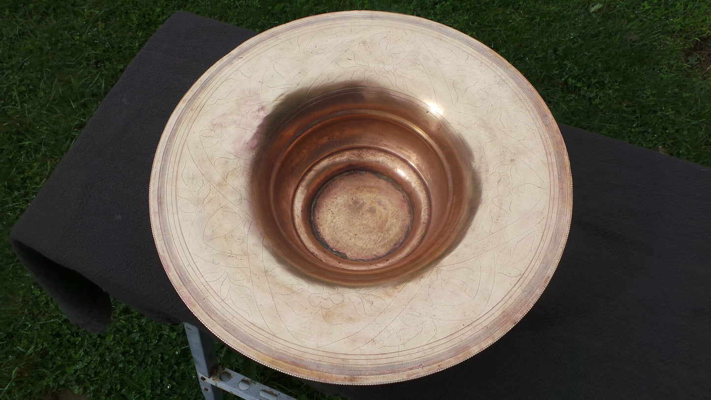 French Art Deco French Yellow Copper Flower Pot Cache Pot Planter Fruit Bowl Jardiniere Decorated Bowl Repaired Planter Cache Pot