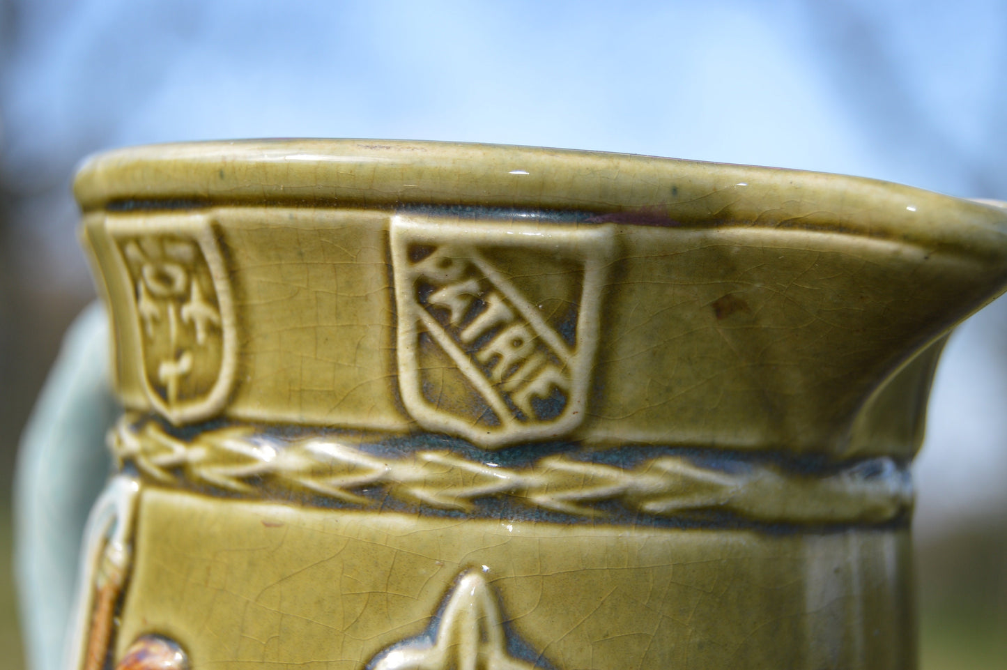 French Majolica Pitcher Joan of Arc Jeanne D'Arc Antique Five Lille French Majolica Marked Barbotine Authentic Majolica Jug Rare, Beautiful