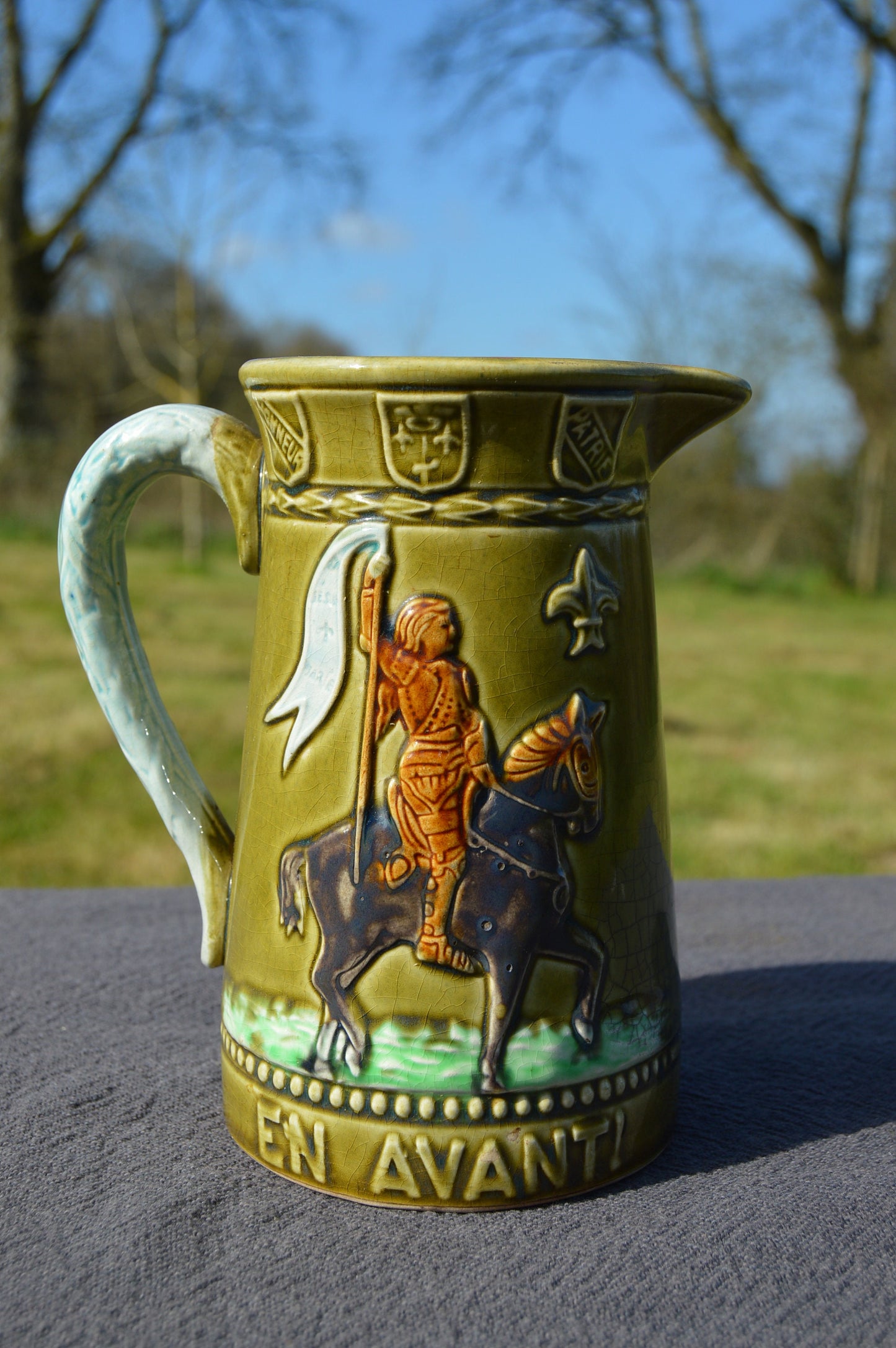 French Majolica Pitcher Joan of Arc Jeanne D'Arc Antique Five Lille French Majolica Marked Barbotine Authentic Majolica Jug Rare, Beautiful