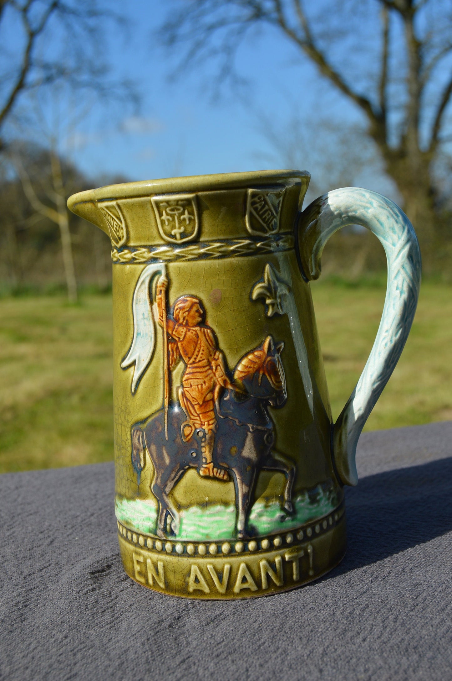 French Majolica Pitcher Joan of Arc Jeanne D'Arc Antique Five Lille French Majolica Marked Barbotine Authentic Majolica Jug Rare, Beautiful