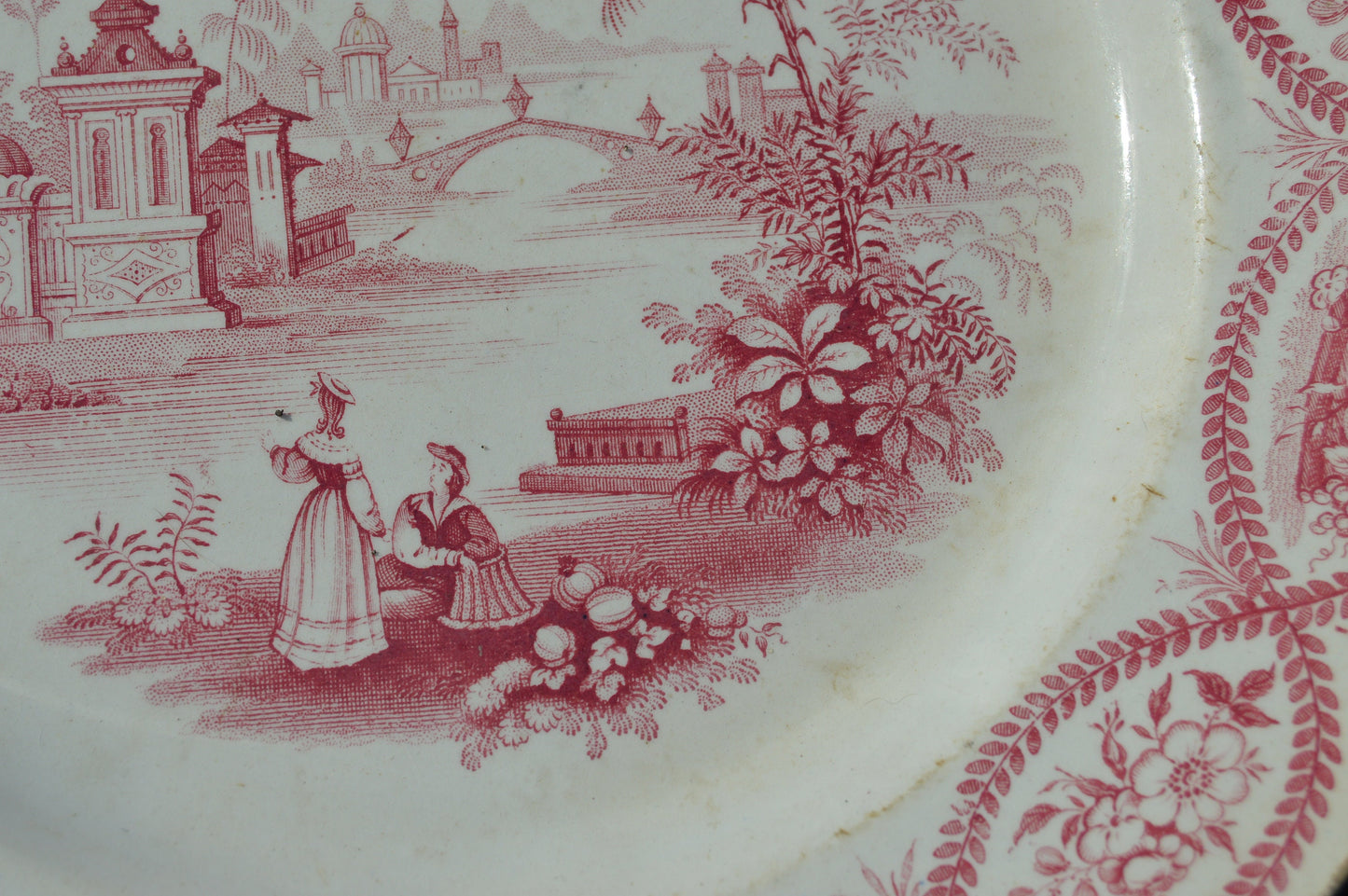 French Faience David Johnstone Full + Impressed Mark Bordeaux Plate China Porcelain Ceramic Transfer Printed Dish 1835-1844 Pink and White