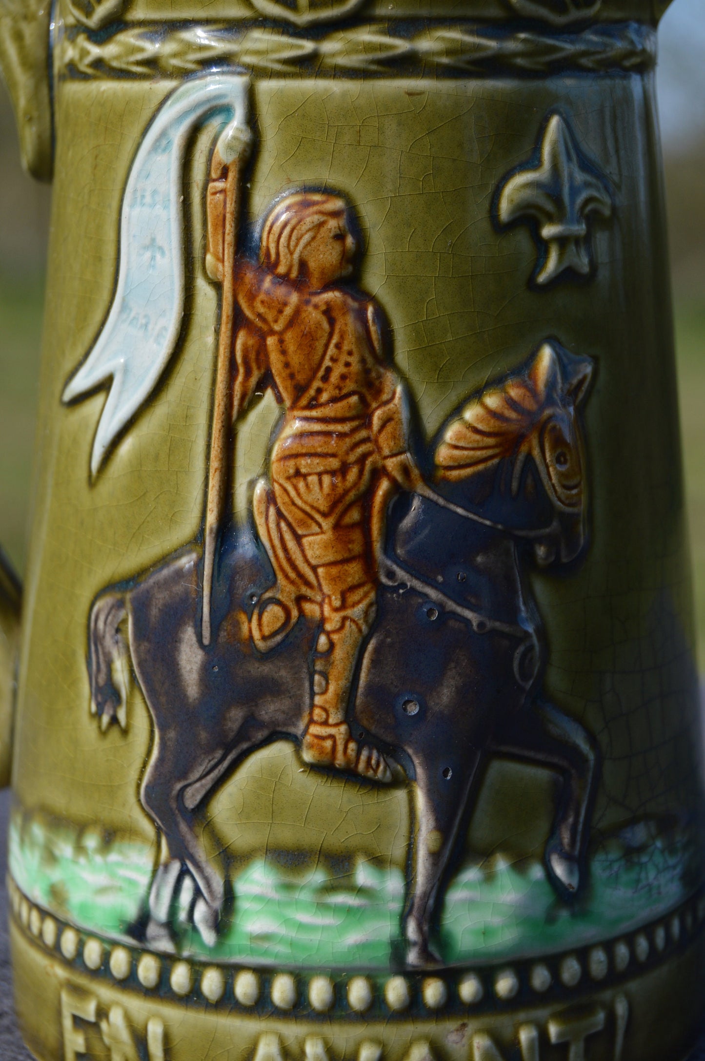 French Majolica Pitcher Joan of Arc Jeanne D'Arc Antique Five Lille French Majolica Marked Barbotine Authentic Majolica Jug Rare, Beautiful