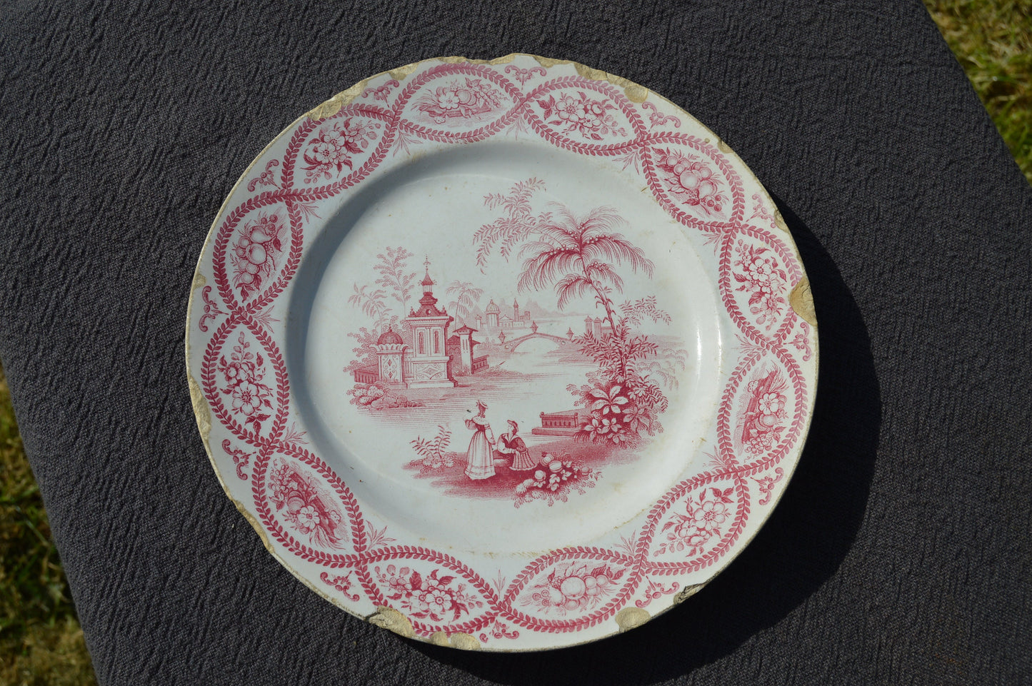 French Faience David Johnstone Full + Impressed Mark Bordeaux Plate China Porcelain Ceramic Transfer Printed Dish 1835-1844 Pink and White