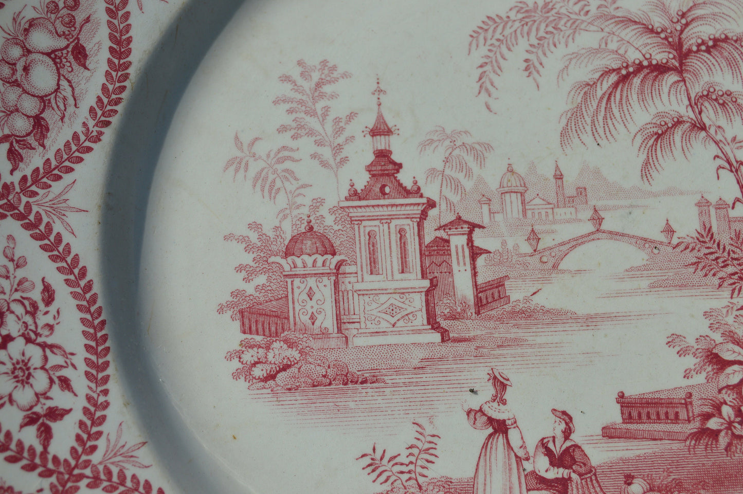 French Faience David Johnstone Full + Impressed Mark Bordeaux Plate China Porcelain Ceramic Transfer Printed Dish 1835-1844 Pink and White