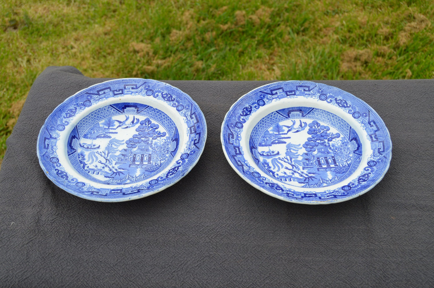 J Vieillard David Johnstone Two Plates Bordeaux French Faience China Porcelain Ceramic Transfer Printed Willow Pattern 1835-1844 Blue White