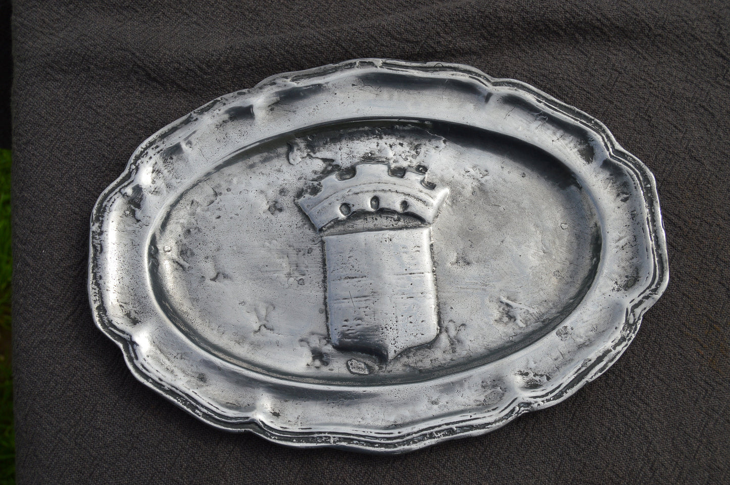 Late 19th Century Pewter Plate with Shield and Crown Fully Marked Repousee Heavy Pewter Decorative Plate Design 16th Century