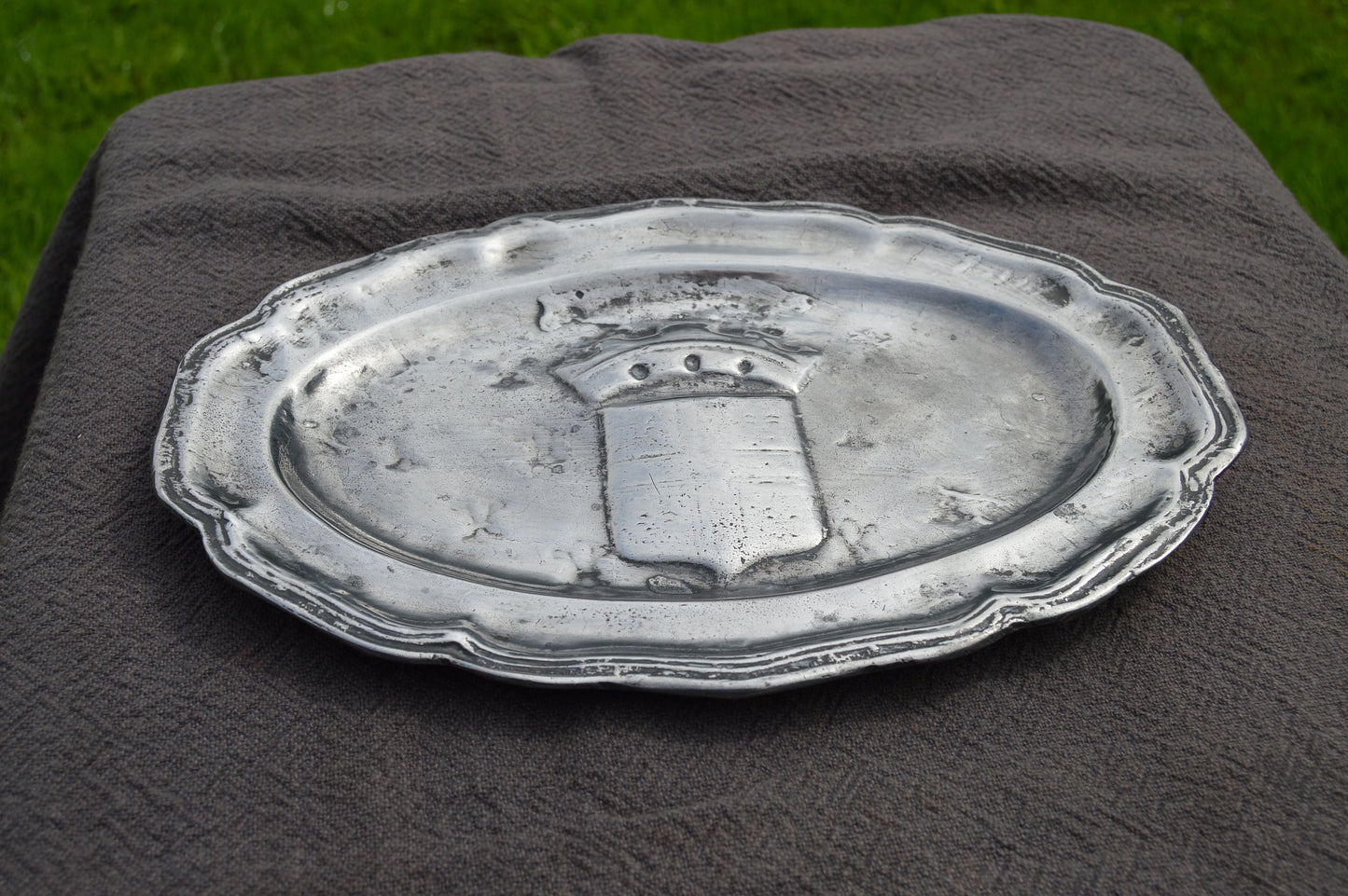 Late 19th Century Pewter Plate with Shield and Crown Fully Marked Repousee Heavy Pewter Decorative Plate Design 16th Century