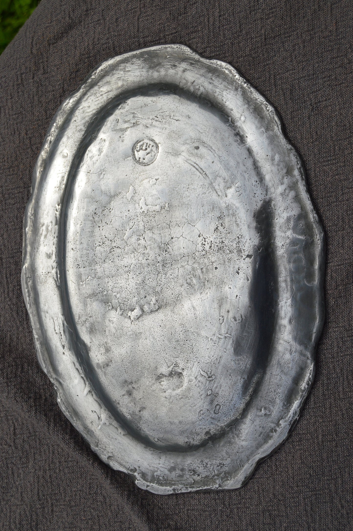 Late 19th Century Pewter Plate with Shield and Crown Fully Marked Repousee Heavy Pewter Decorative Plate Design 16th Century
