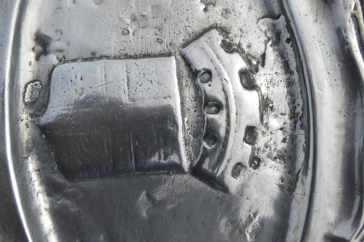 Late 19th Century Pewter Plate with Shield and Crown Fully Marked Repousee Heavy Pewter Decorative Plate Design 16th Century