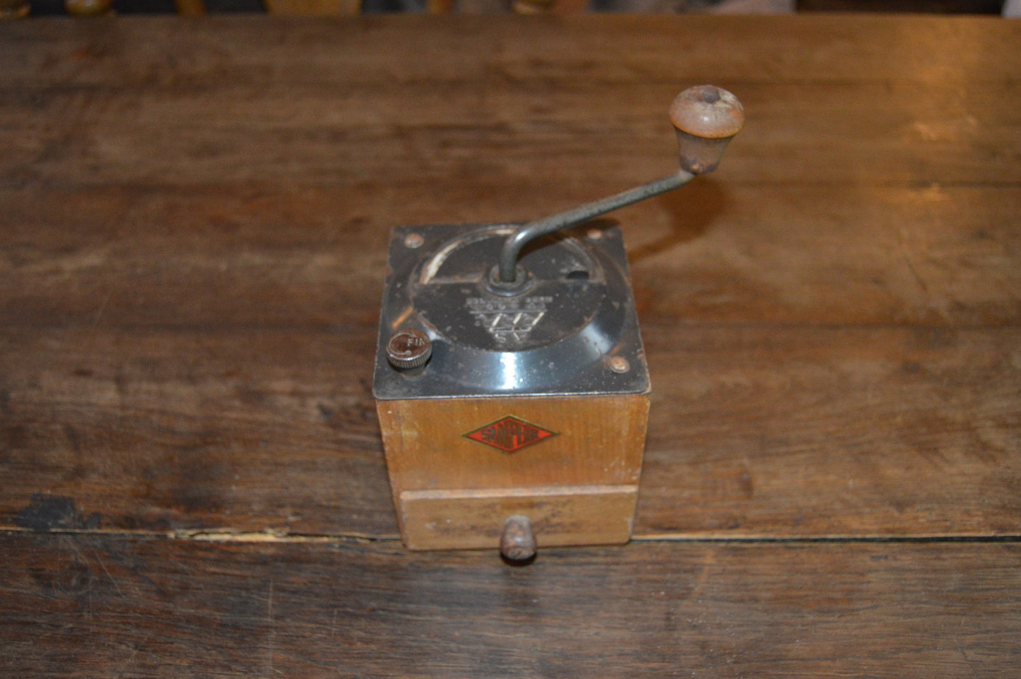 Vintage French AS RRR Sanpeur Coffee Grinder Metal Handle Attachments Fully Working Moulin à Café Polished Some Rust Coffee Bean Mill
