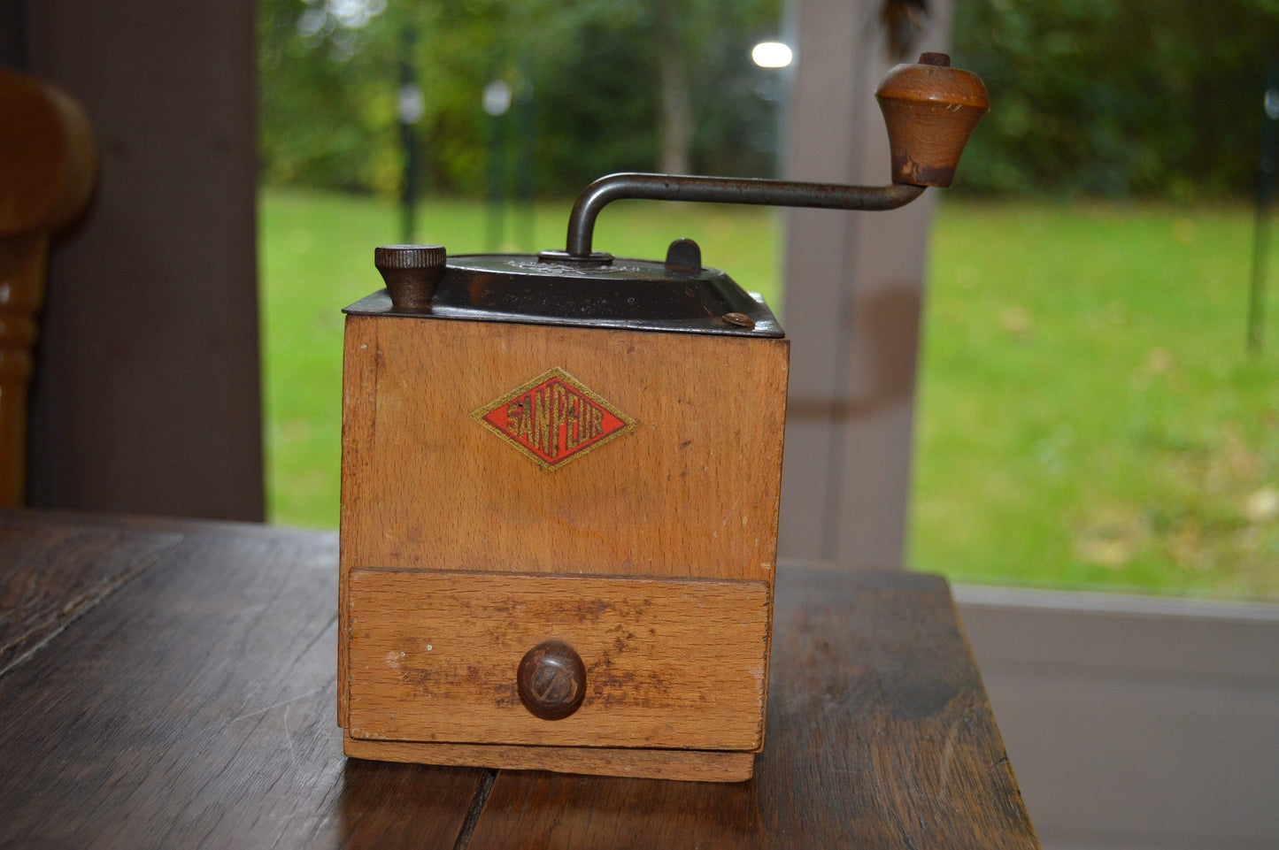 Vintage French AS RRR Sanpeur Coffee Grinder Metal Handle Attachments Fully Working Moulin à Café Polished Some Rust Coffee Bean Mill