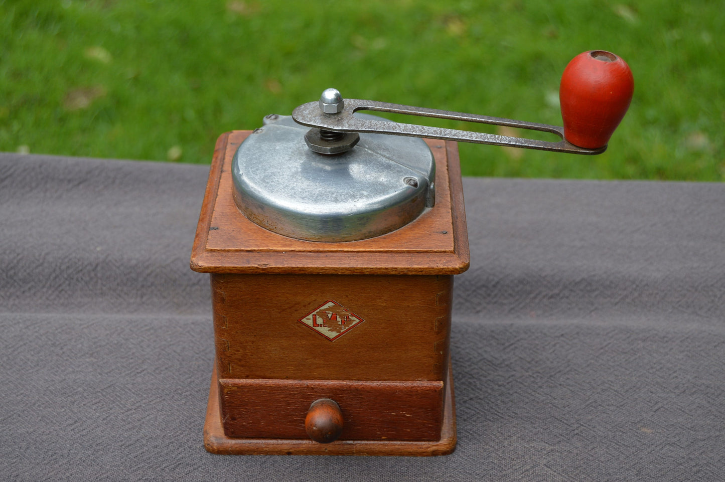 Vintage French LMP Coffee Grinder Metal Handle Attachments Red Knob Fully Working Moulin à Café Polished Some Rust Coffee Bean Mill