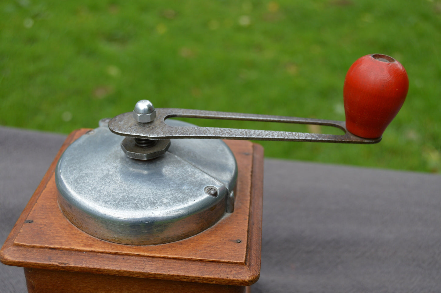 Vintage French LMP Coffee Grinder Metal Handle Attachments Red Knob Fully Working Moulin à Café Polished Some Rust Coffee Bean Mill