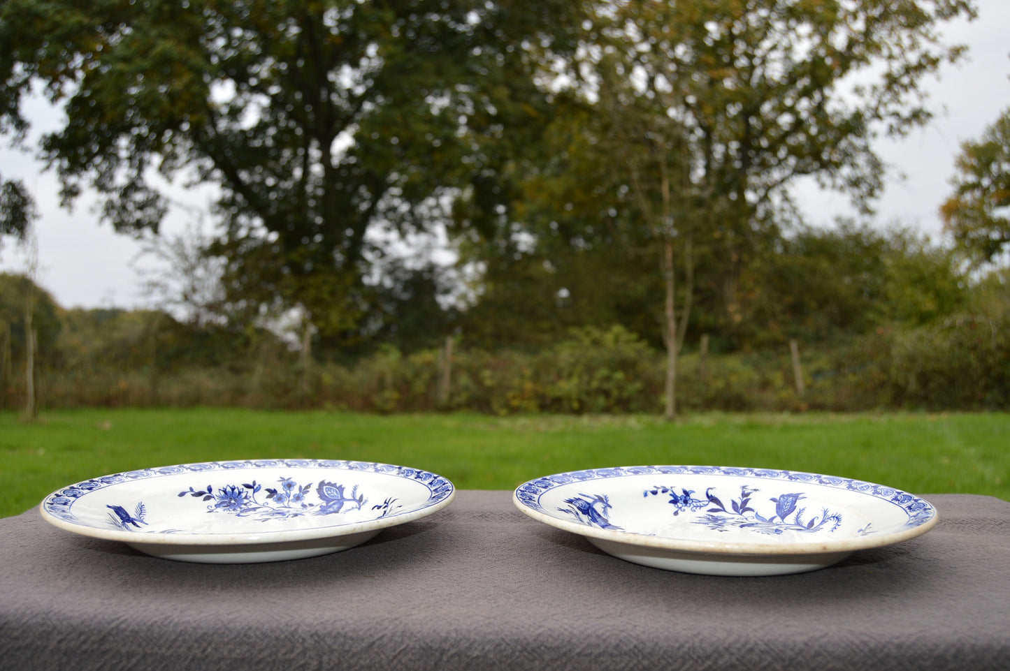 Two SG Clairefontaine Delft Decorative Plates Beautiful Blue White Transfer Printed Fully Marked S G Delft Anchor Antique Bowls Pair 1885