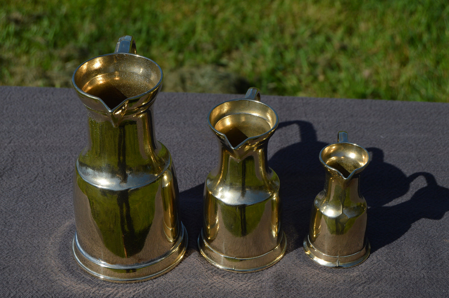 Antique French Solid Polished Bronze Jugs Pitchers Heavy Bronze Sweeping Handle Totally Hand Made Fabulous French Pitchers Set of Three