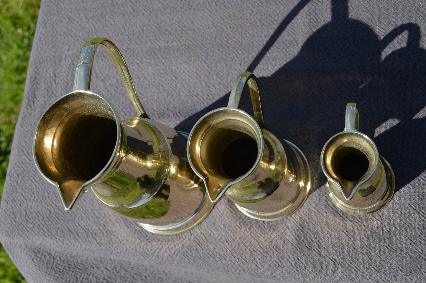 Antique French Solid Polished Bronze Jugs Pitchers Heavy Bronze Sweeping Handle Totally Hand Made Fabulous French Pitchers Set of Three
