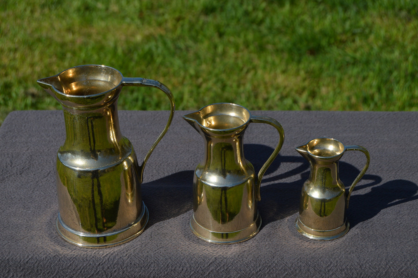 Antique French Solid Polished Bronze Jugs Pitchers Heavy Bronze Sweeping Handle Totally Hand Made Fabulous French Pitchers Set of Three
