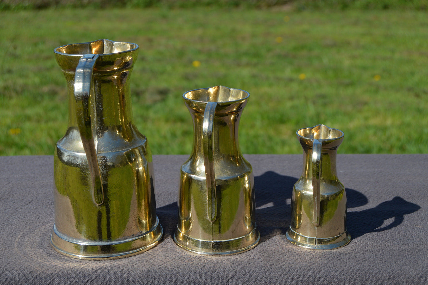 Antique French Solid Polished Bronze Jugs Pitchers Heavy Bronze Sweeping Handle Totally Hand Made Fabulous French Pitchers Set of Three
