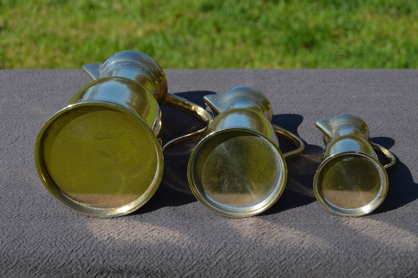 Antique French Solid Polished Bronze Jugs Pitchers Heavy Bronze Sweeping Handle Totally Hand Made Fabulous French Pitchers Set of Three