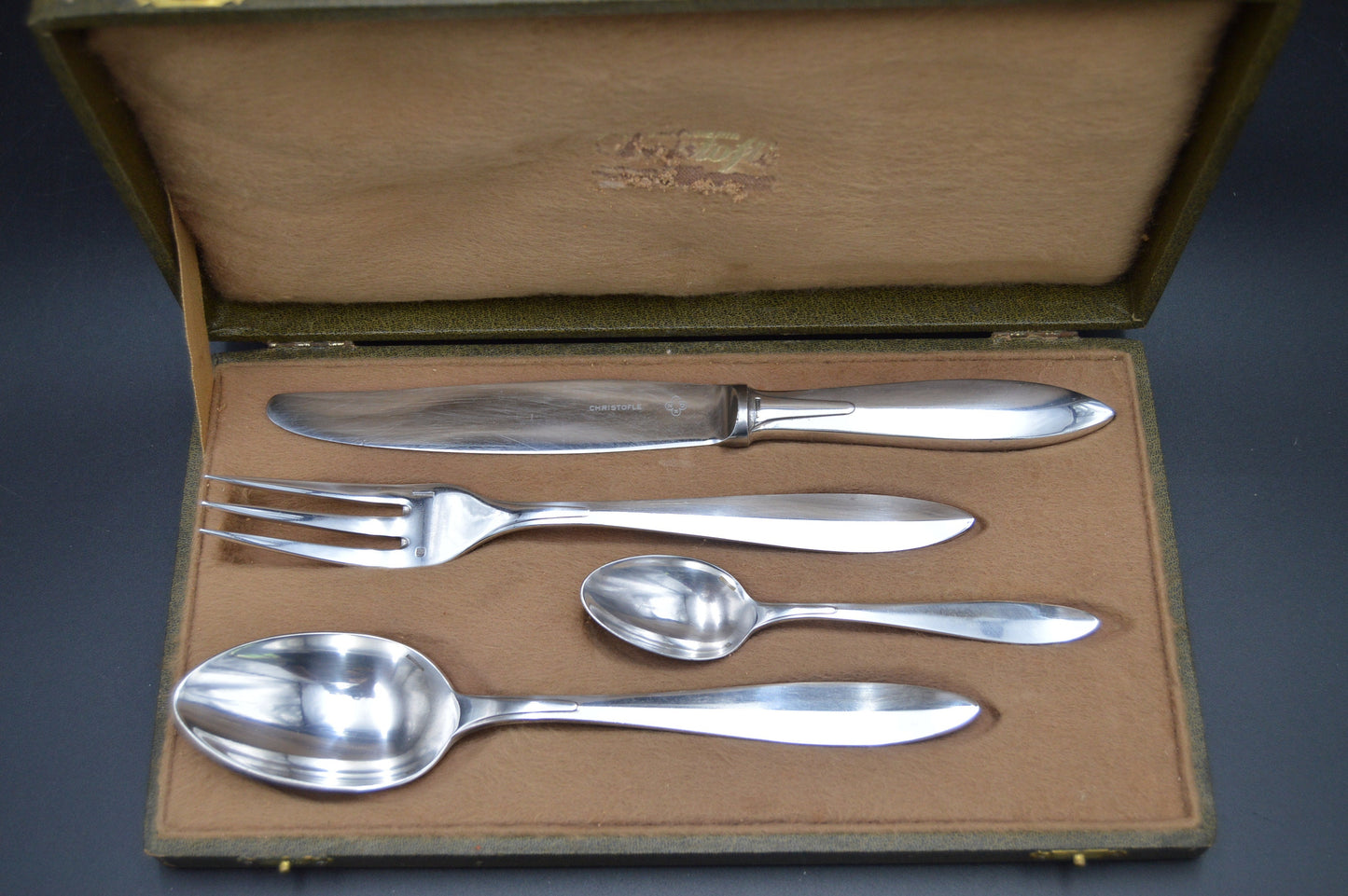 Christofle Dining Set Individual Box 4 Pieces Fork Spoon Teaspoon Knife Fully Marked Christofle 1920-1935 Atlantic Pattern Silver Plate