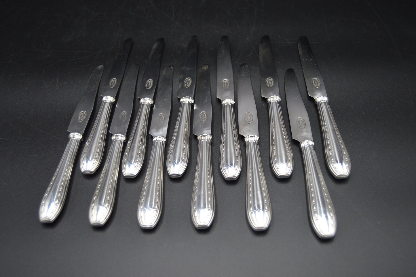 Ercuis Argent Plaqué 'Métaille Blanc' Ensemble de 12 Couteaux Véritable Luxe Fabriqué par Ercuis de Paris 12 Douze Super Ensemble de Couteaux Marqué Ercuis Paris